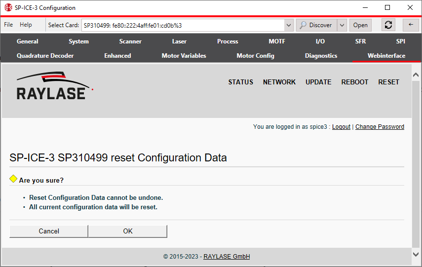 SP-ICE-3 Web Interface-Reset-Configuration-Confirm